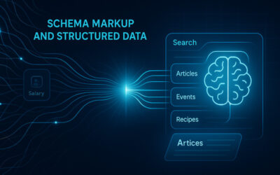 A 3D visualization of structured data flowing from a network into an AI search engine, illustrating the core concept of structured data SEO for AI search visibility.