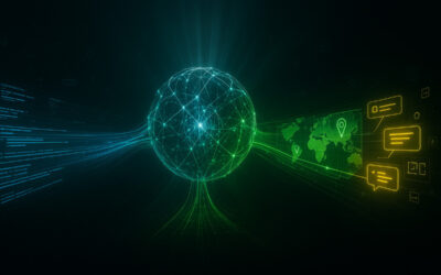 A conceptual image showing three streams of data (blue for Core Web Vitals, green for GEO, yellow for AEO) merging and flowing into a central AI neural network, illustrating the concept of LLM Optimization.