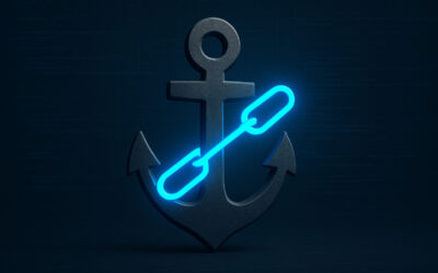 A sturdy grey anchor symbolizing trust, wrapped in a glowing blue line representing a hyperlink, set against a dark digital background, illustrating the importance of blue link SEO for user trust in search.