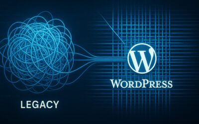 A conceptual image showing the evolution of WordPress from tangled code into a modern, stable digital platform.