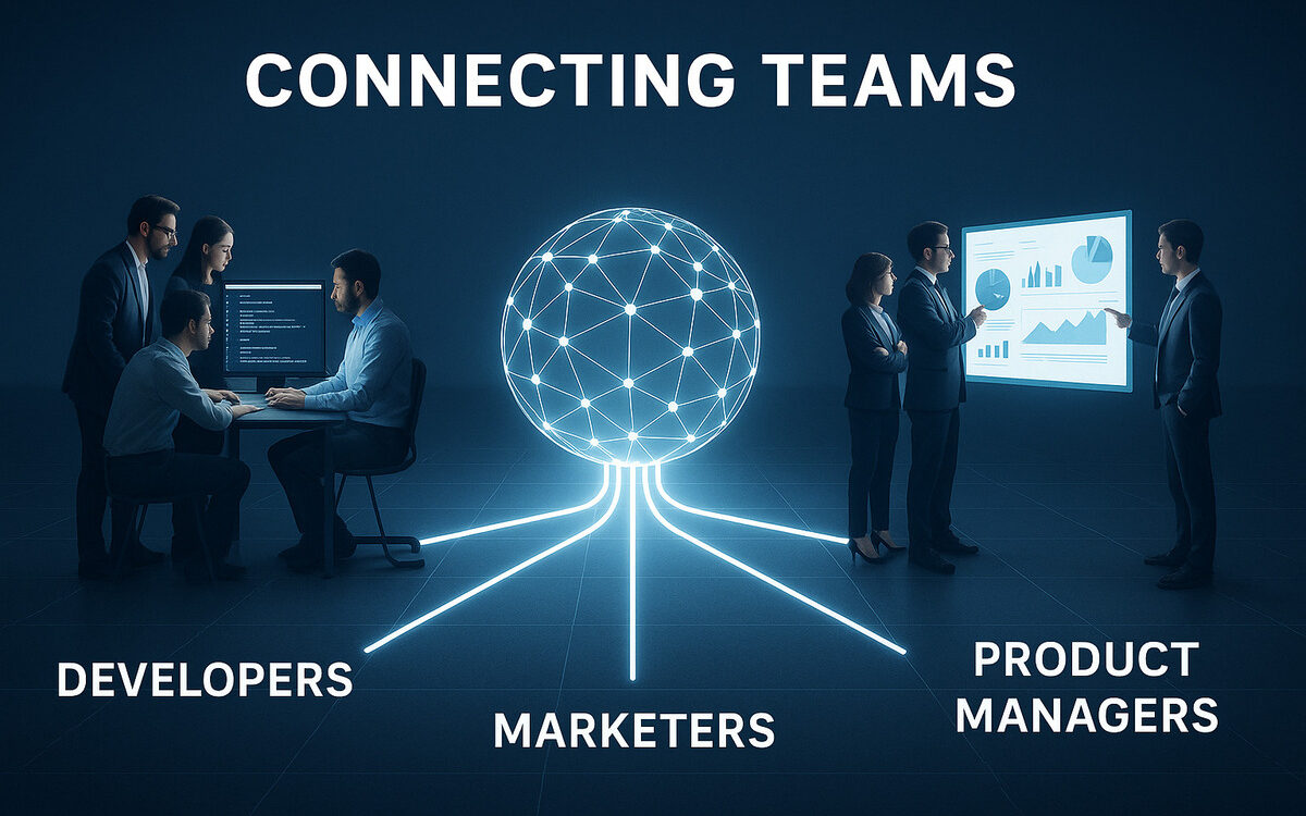 A conceptual image showing a central digital hub representing web performance ownership connecting siloed teams of developers, marketers, and product managers.