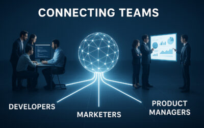 A conceptual image showing a central digital hub representing web performance ownership connecting siloed teams of developers, marketers, and product managers.