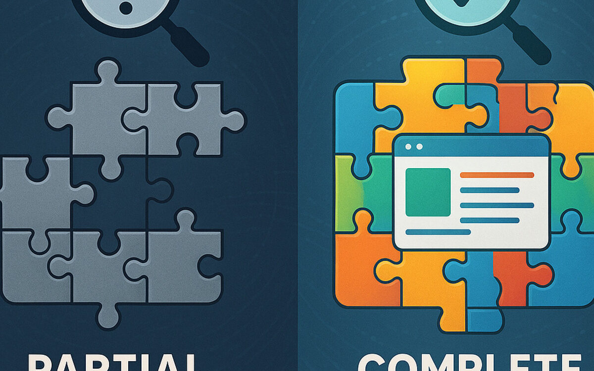A split image comparing incomplete, fragmented partial schema with interconnected, thorough complete schema implementation.